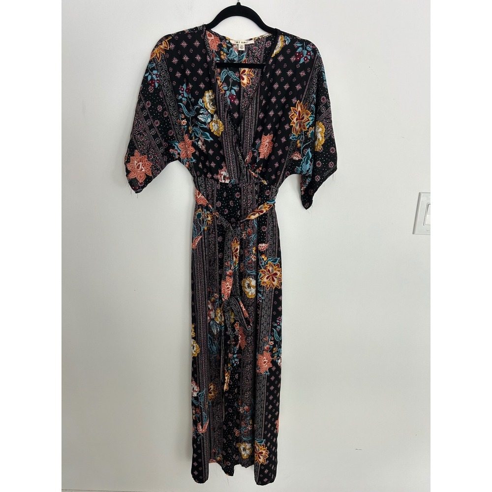 Mimi Floral Maxi Dress Black Multi Boho Wrap V-Neck Belted Made in USA XS